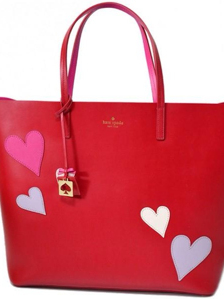 Kate Spade Red Leather Tote With Pink And Lilac Heart Appliqus